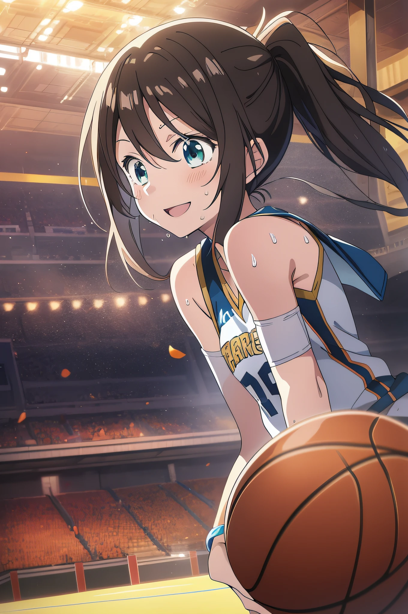 (best quality,anime,anime art style:1.2), anime screen cap,young girl, 13years old, sweat,playing the basketball,Intense angle,speedy movement,looking away,looks fun,a smile, sleevelesssmall breasts,