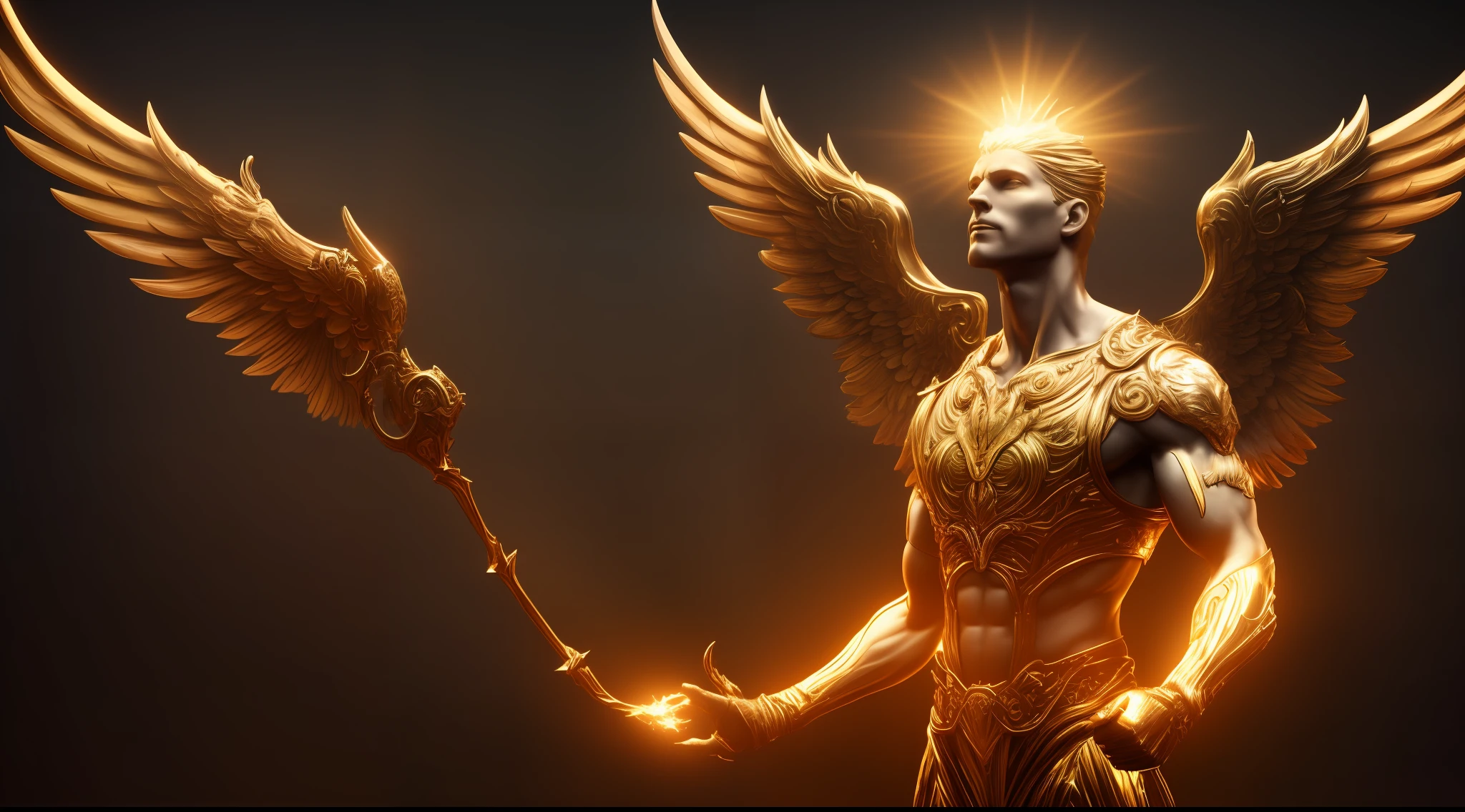 a male angel, with beams of light enveloping his body, his feathery wings are spread out, a golden (halo:1.2) over his head, muscular, beard, masculine, dark, horror, masterpiece, best quality, intricate detail, absurdres, DREAD, chromatic aberration, depth of field, soft lighting, tone mapped, highly detailed, concept art, smooth, sharp focus, dramatic lighting, highly detailed artwork, cinematic, 8K, incredible shadows, (highly detailed background:1.0)