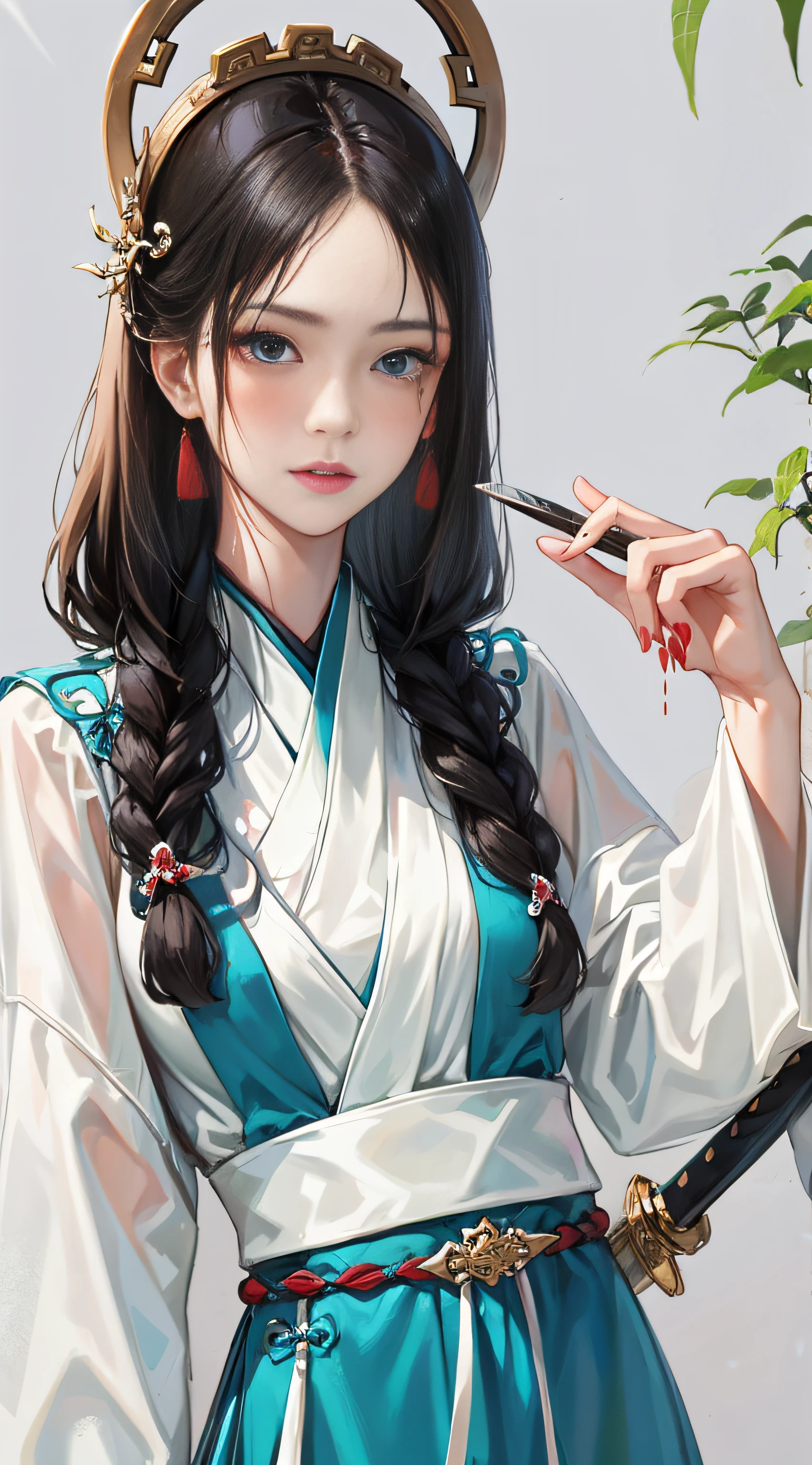 1girl, (hanfu), sidelighting, wallpaper, masterpiece, superlative, night, outdoor, rainy day, branches, chinoiserie, ancient china, 1 woman, mature woman, silver-white long-haired woman, gray-blue eyes, pale pink lips, indifference, seriousness, bangs, assassin, sword, white clothes, blood, violence, death, injury, blood, facial blood, massive blood, facial details, facial details