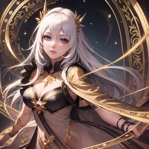 solo, high resolution, highest quality, super high quality, super detail, ultra realistic, photorealistic, anime, illustration, fantasy, Northern Renaissance style, super beautiful goddess, mysterious, enchanting, sharp slit gold eyes, flowing layered side...