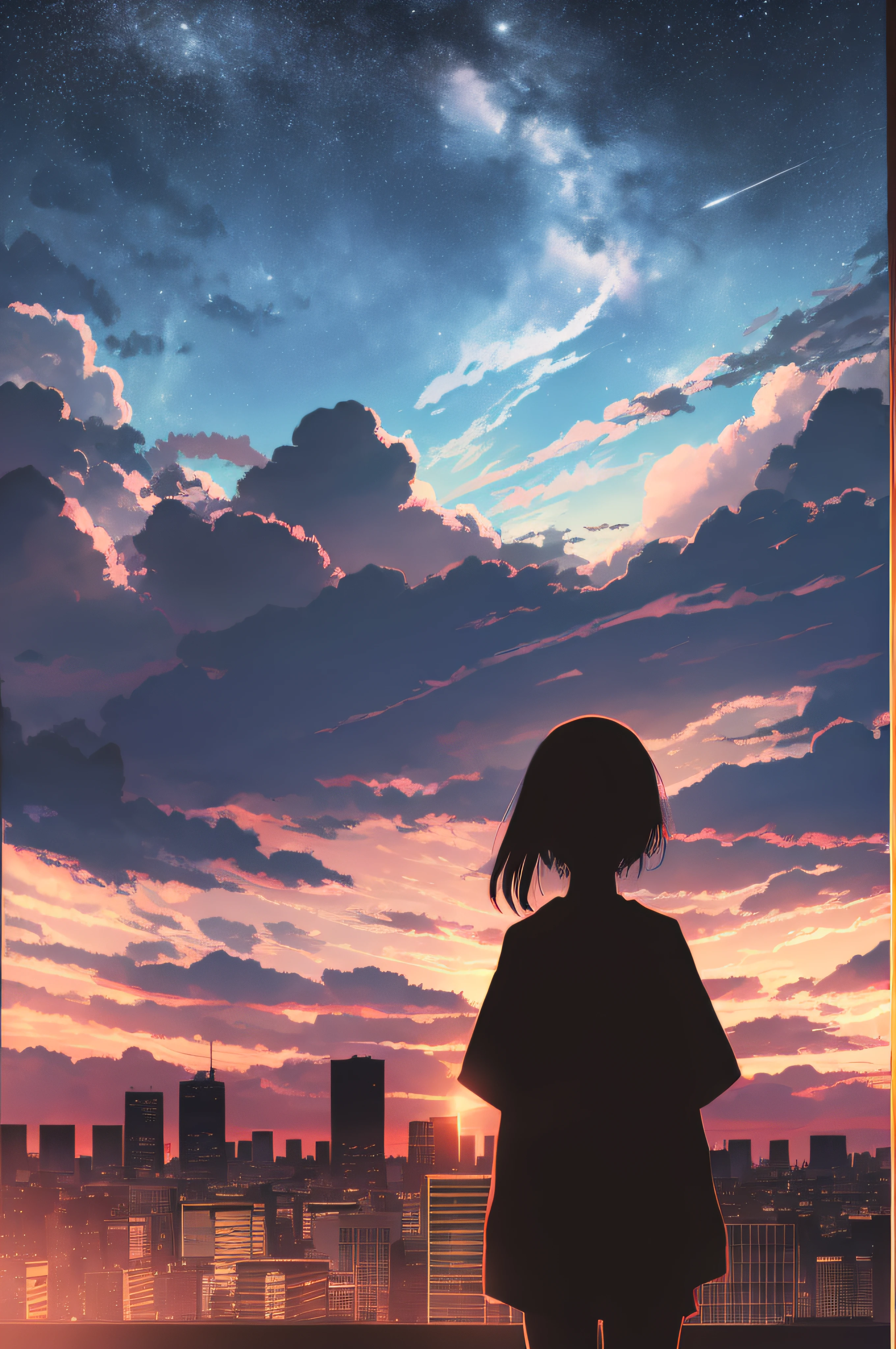 anime,silhouette,1girl, star (sky), cloud, cityscape, building, city, outdoors, skyscraper, city lights, night, night sky, sunset, skyline