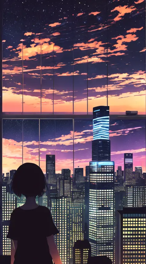 anime,silhouette,1girl, star (sky), cloud, cityscape, building, city, outdoors, skyscraper, city lights, night, night sky, sunse...