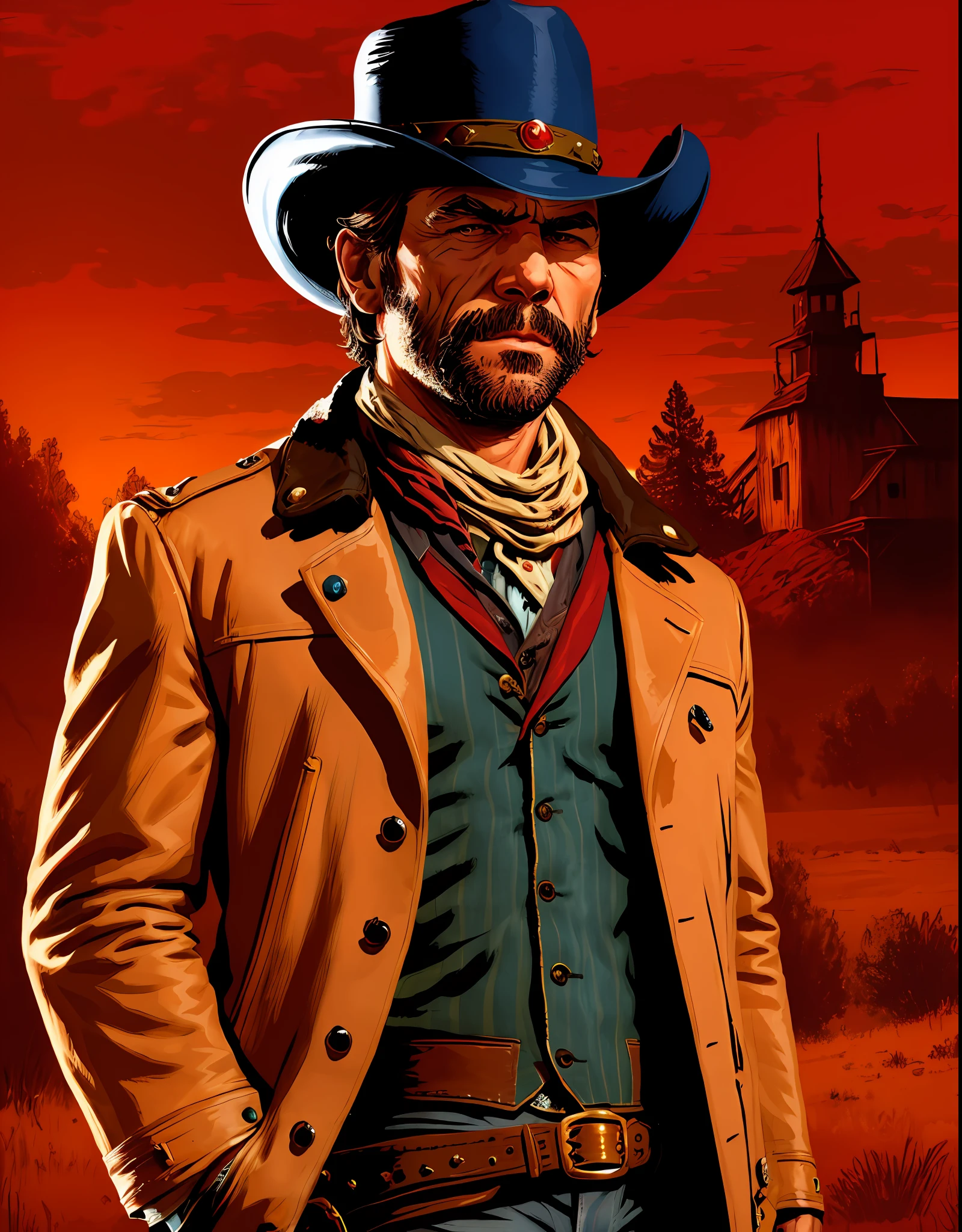 R3DD34Dstyle, retrato digital, arthur morgan, with encouragement, cowboy hat, jaqueta marrom, camisa azul, red skies,