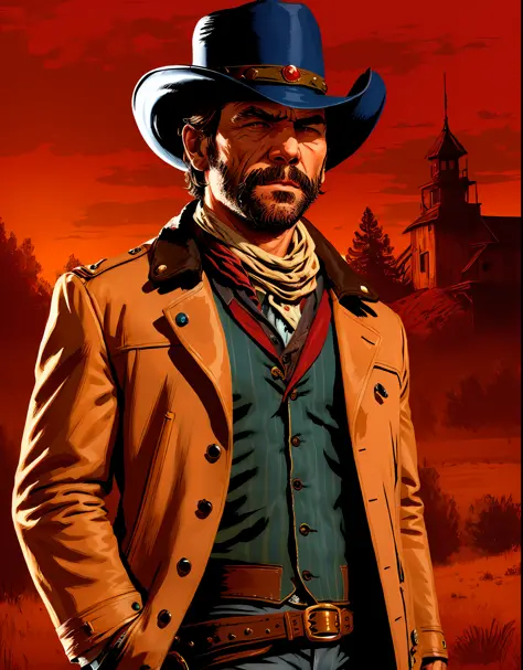 R3DD34Dstyle, retrato digital, arthur morgan, with encouragement, cowboy hat, jaqueta marrom, camisa azul, red skies,