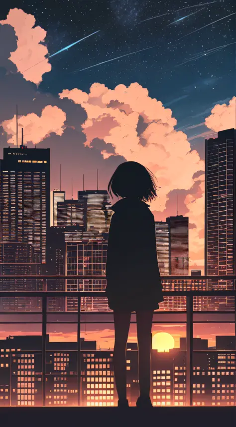 anime,silhouette,1girl, star (sky), cloud, cityscape, building, city, outdoors, skyscraper, city lights, night, night sky, sunse...