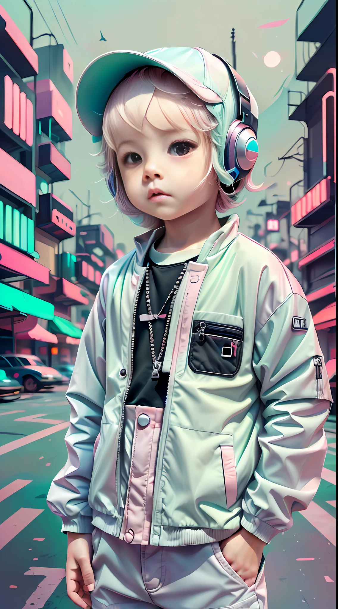 white, totally white, pastel colors, hachures, chibi style, 1 cute little baby boy with techwear clothes, street, cyberpunk