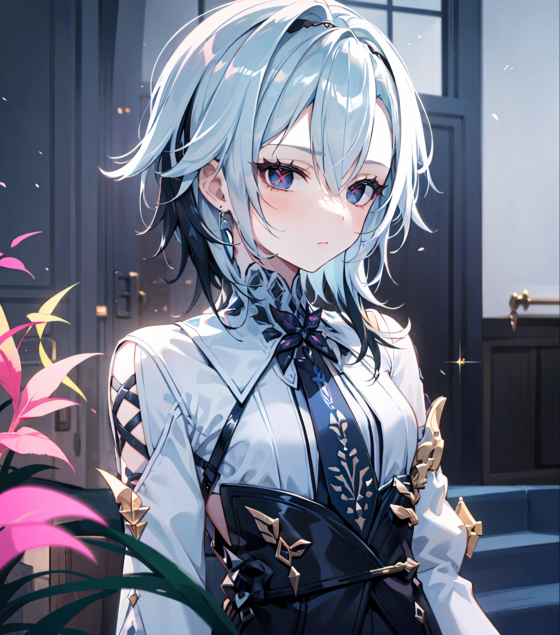 1girl, (solo:1.2), ((masterpiece)), slim, small chest, pale skin, ((detailed eyes)), (bokeh effect), white hair, black hair, (x-shaped pupils), short hair, interior, blue tie, hairband, (multicolored hair)