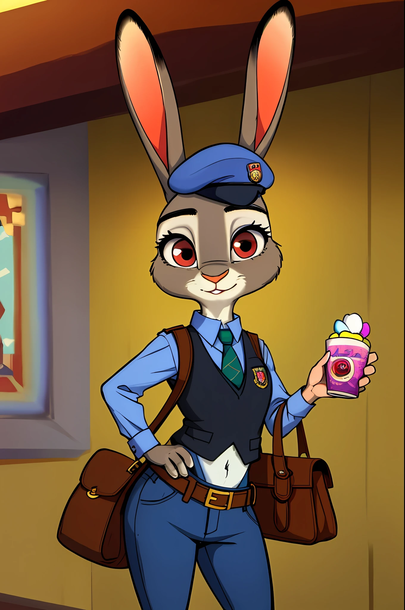 copyright, Zootopia, 1girl, Judy Hopps, Easter themed, brown hair, red eyes, standing next to human, looking up, looking at viewer, Military beret, sweater vest, wearing satchel