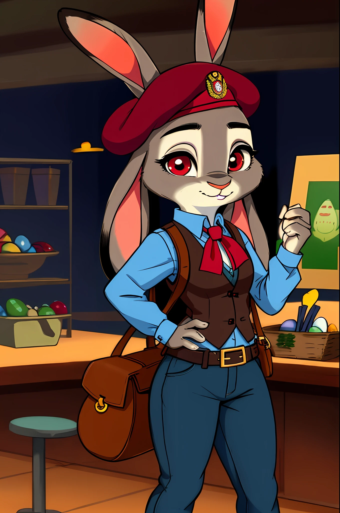 copyright, Zootopia, 1girl, Judy Hopps, Easter themed, brown hair, red eyes, standing next to human, looking up, looking at viewer, Military beret, sweater vest, wearing satchel