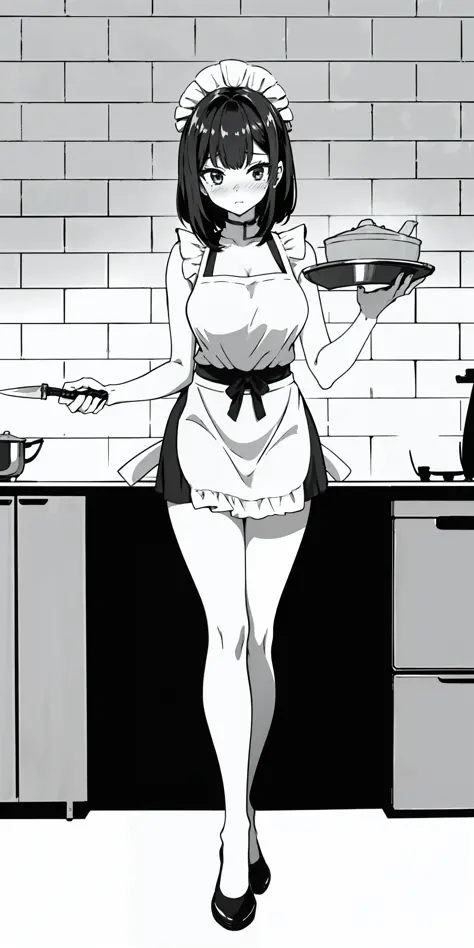 1girl, solo, masterpiece, highest quality, 8k, , kitchen background, naked apron, bare legs, sexy legs, bewitching thighs, blush...