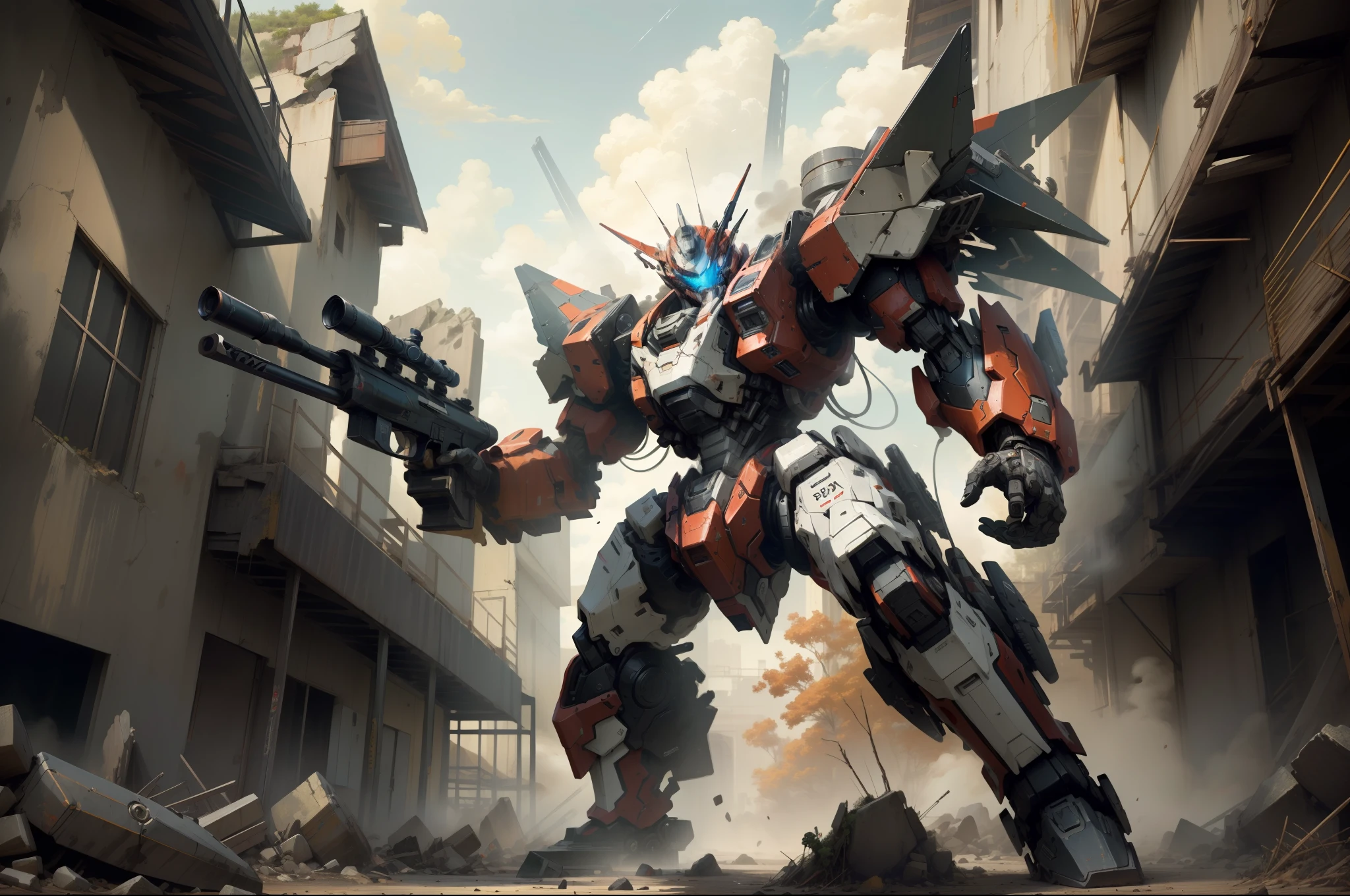 (masterpiece:1.4), (best quality:1.4), (high resolution:1.4),official art,  sniper gun, gun,aiming ,firing, extreme detailed,highest detailed,optical mixing, unique visual effect, mechanized shark head robot,mecha, outdoors, ruins, red color mecha, super robot, dynamic pose