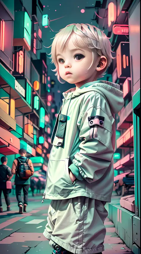 white, totally white, pastel colors, hachures, chibi style, 1 cute little baby boy with techwear clothes, street, cyberpunk, cit...