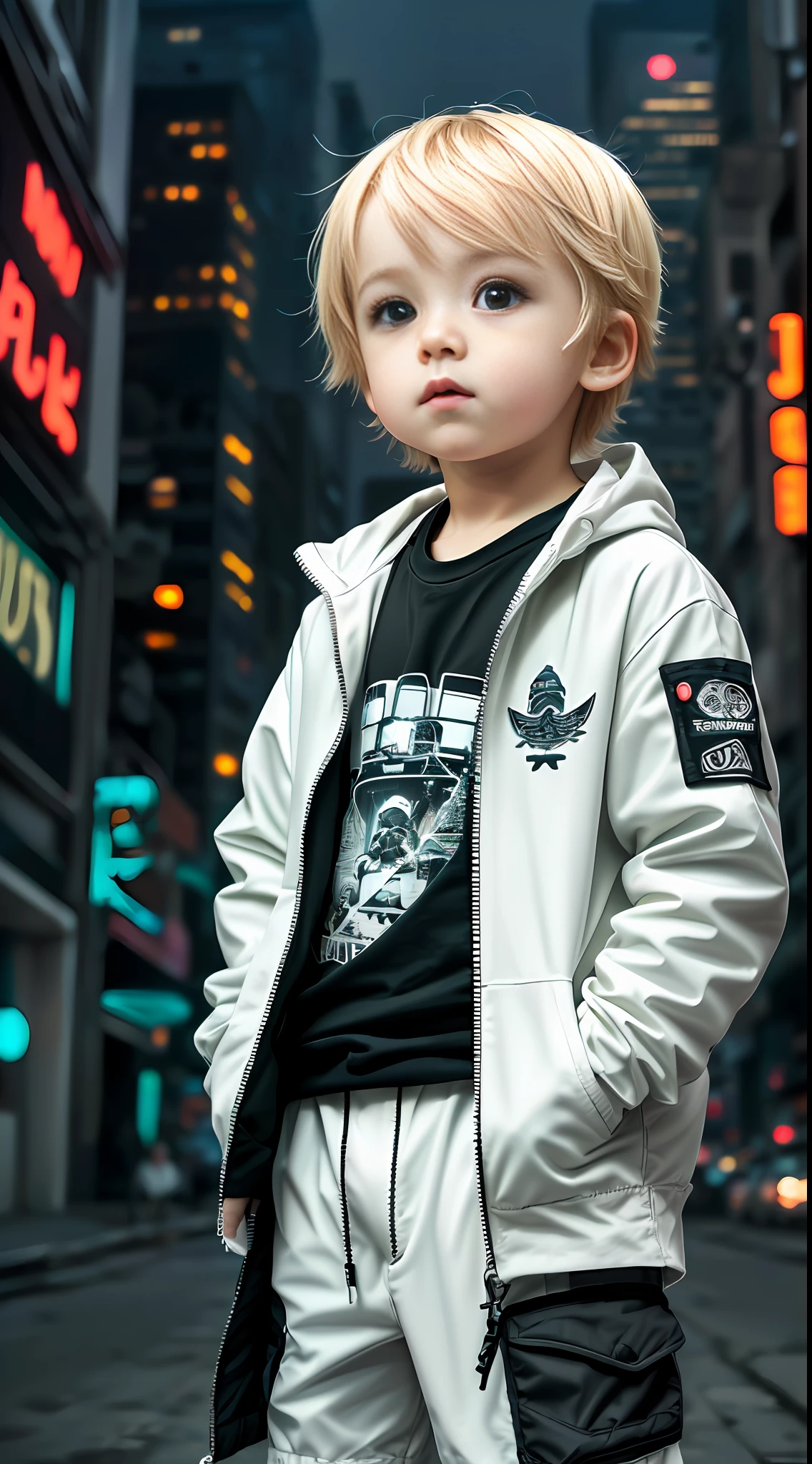 Weiß, totally Weiß, Pastellfarben, Schraffen, Chibi-Stil, 1 süßer kleiner Junge mit Techwear-Kleidung, Straße, cyberpunk, Stadtnacht, Licht