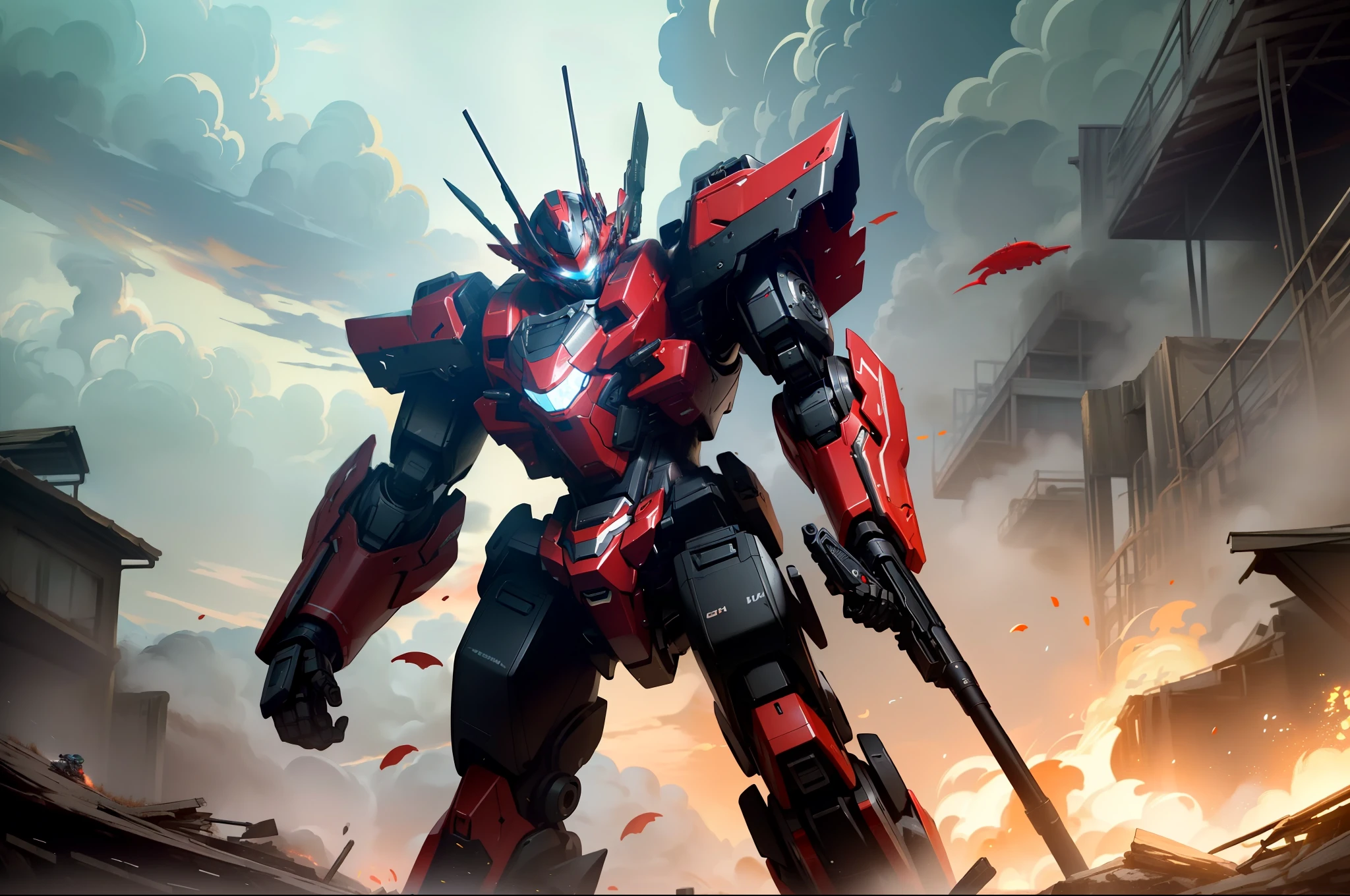 (masterpiece:1.4), (best quality:1.4), (high resolution:1.4),official art,  sniper gun, gun,aiming ,firing, extreme detailed,highest detailed,optical mixing, unique visual effect, mechanized shark head robot,mecha, outdoors, ruins, red color mecha, super robot, dynamic pose