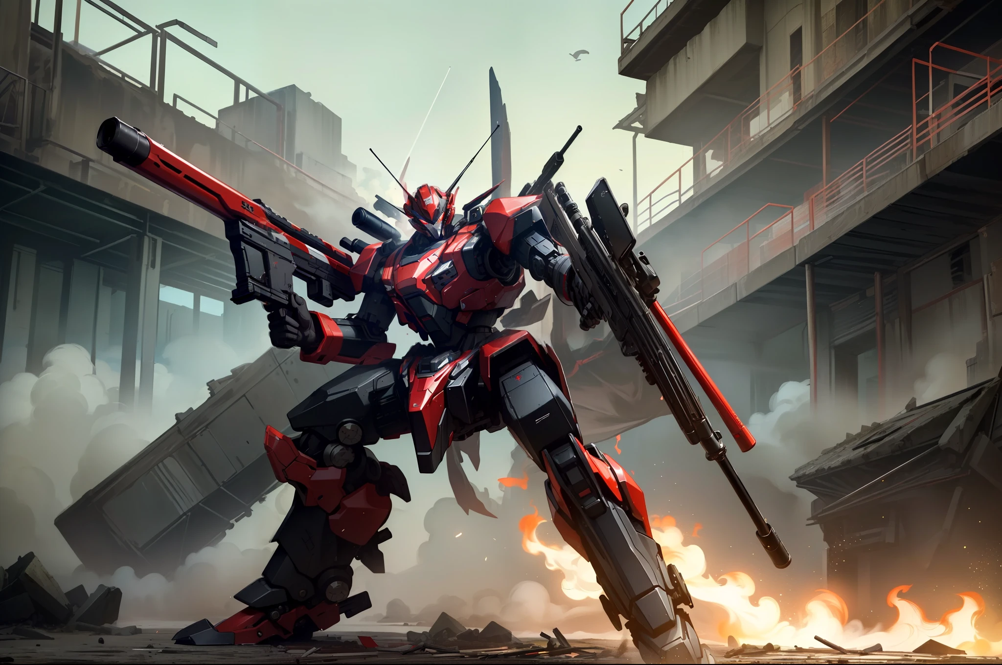 (masterpiece:1.4), (best quality:1.4), (high resolution:1.4),official art,  sniper gun, gun,aiming ,firing, extreme detailed,highest detailed,optical mixing, unique visual effect, mechanized shark head robot,mecha, outdoors, ruins, red color mecha, super robot, dynamic pose