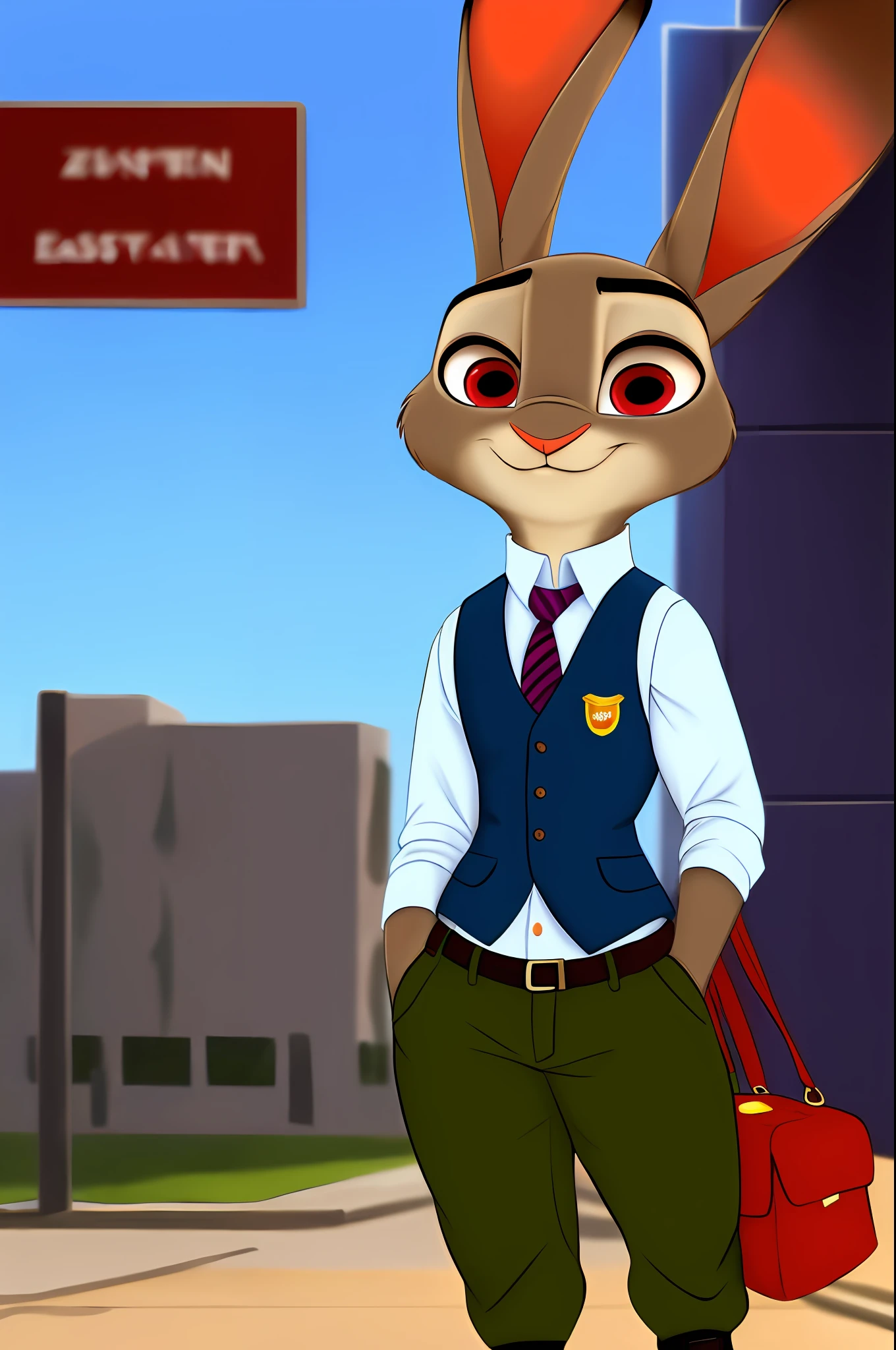 direito autoral, zootopia, 1 garota, Judy Hopps, Páscoa temática, cabelo castanho, olhos vermelhos, ao lado de humanos, olhando pra cima, Olhando para o visualizador, Boina Militar, Colete suéter, usando sacola