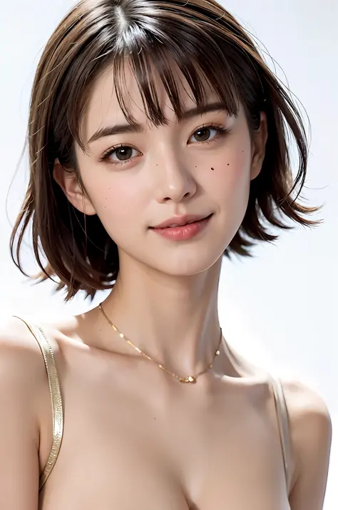 ((masterpiece, top quality, high definition)), 1 girl, (photorealistic: 1.4), solo, white background, snow-white background, mouth closed, happy smile, happy smile, pretty black hair, short hair, big eyes, clear double eyelids, eyelashes, ears out, long ne...
