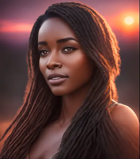 85mm, f1.8, portrait of black woman, photo realistic, hyperrealistic, orante, super detailed, intricate, dramatic, sunset lighti...