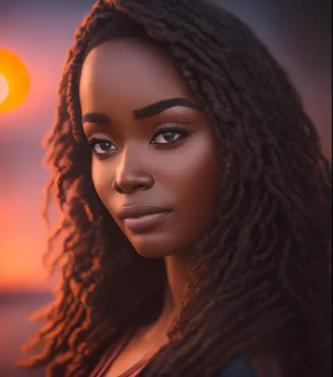 85mm, f1.8, portrait of black woman, photo realistic, hyperrealistic, orante, super detailed, intricate, dramatic, sunset lighti...