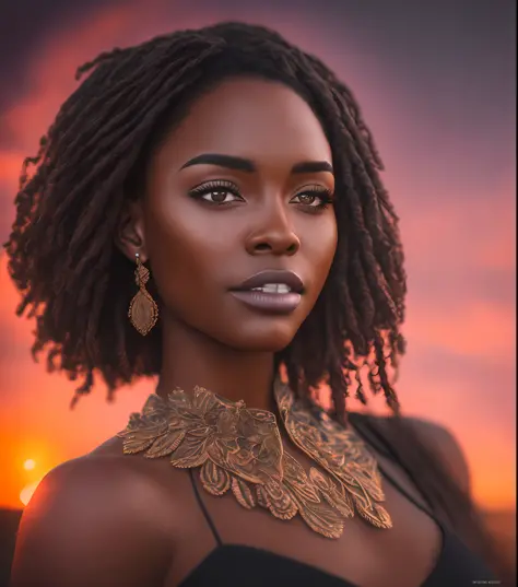 85mm, f1.8, portrait of black woman, photo realistic, hyperrealistic, orante, super detailed, intricate, dramatic, sunset lighti...