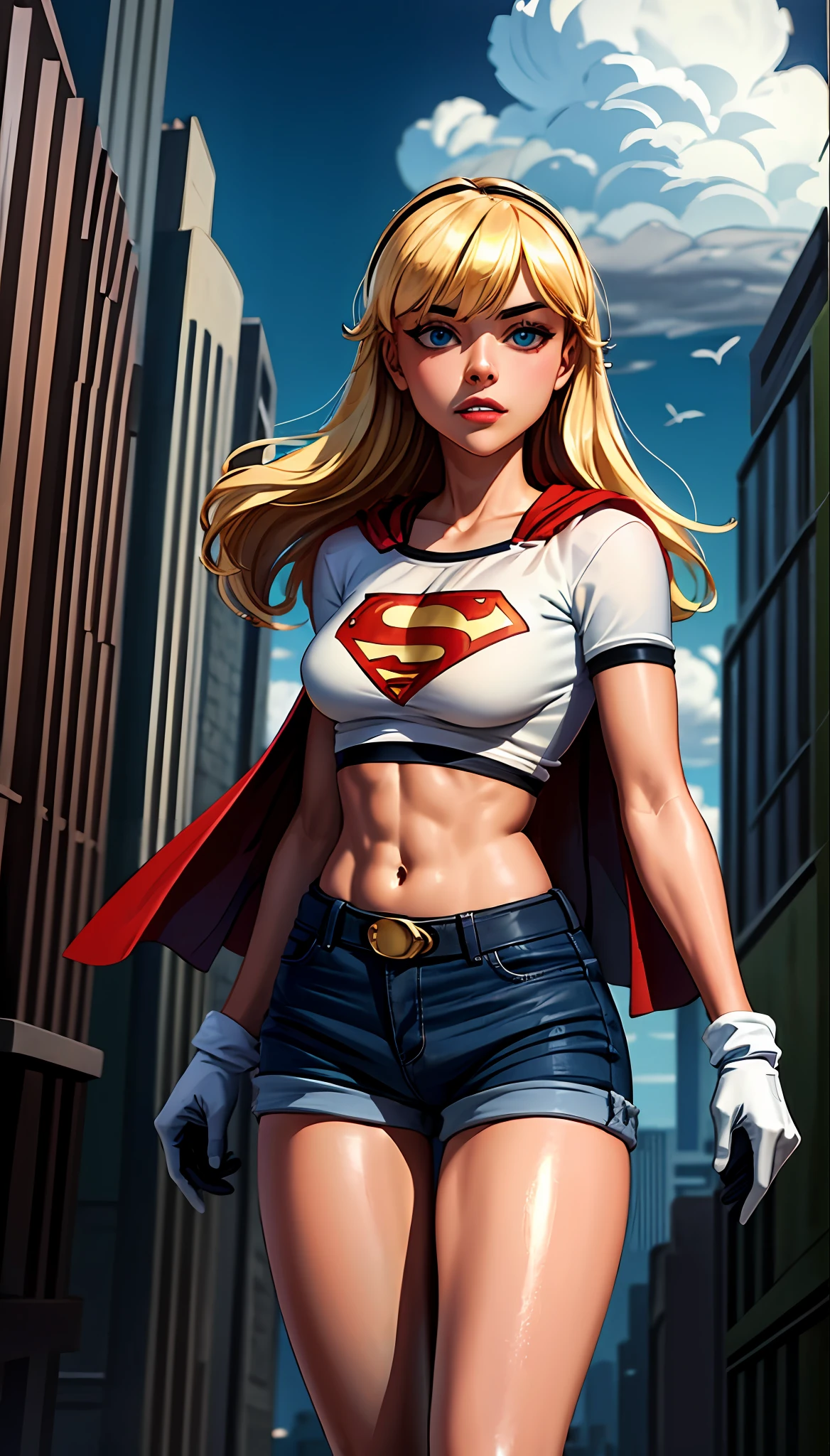 (cowboy shot), SFW, (masterpiece), (best quality: 1.0), (ultra highres: 1.0), detailed eyes,
BREAK
Supergirl, 1girl, long blonde hair,  
Hair band, \(white\) crop top, dolphin shorts, gloves, boots
BREAK
(clouds, city, stunning view)