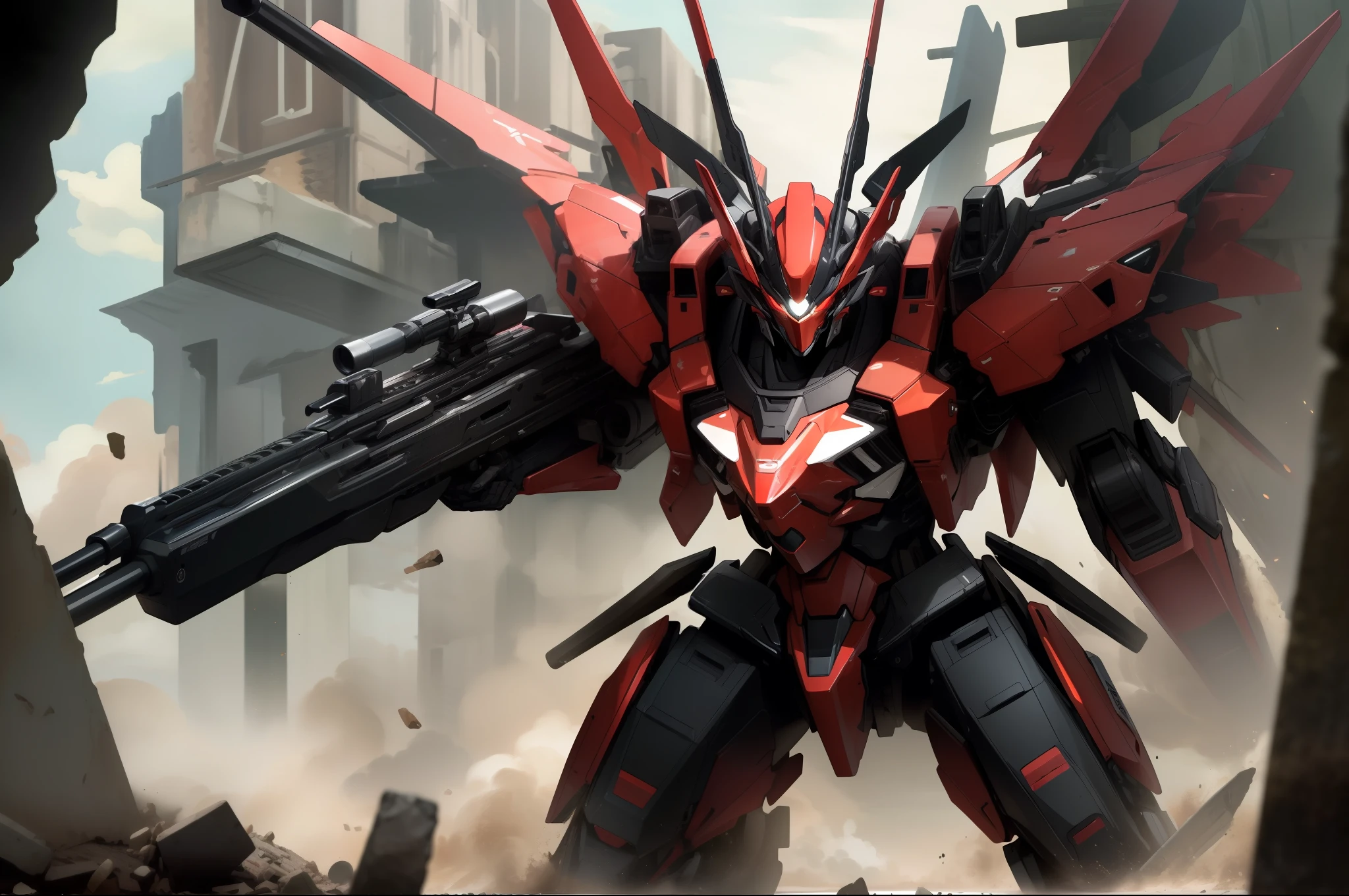 (masterpiece:1.4), (best quality:1.4), (high resolution:1.4),official art,  sniper gun, gun,aiming ,firing, extreme detailed,highest detailed,optical mixing, unique visual effect, mechanized shark head robot,mecha, outdoors, ruins, red color mecha, super robot, dynamic pose