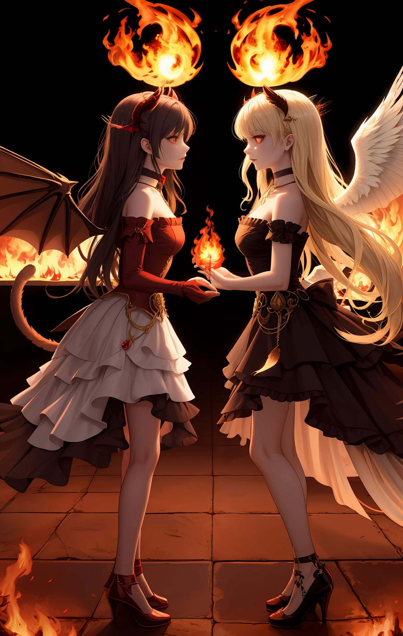 very best quality，​masterpiece，Vampires，Fully covered red and black cloth，Throw flames by hand，Glowing burning eyes，Visible vampire teeth，A high resolution，(fullllbody，twins，2 girls are angels and demons, and they all have a pair of beautiful wings:1.3)，Porcelain dress，hair adornments，a choker，jewelries，beauitful face，s whole body，Tindal effect，realisticlying, Dark Studio, edge lit, dual-tone illumination,(highdetailskin:1.2), 8K  UHD, Digital SLR, softlighting, hightquality, Volumetriclighting, Candid camera, The photograph, A high resolution, 4K, 8K, Background bokeh, feline face，Fire magic，casting spells，Fire dragons fly，Fireball on the palm