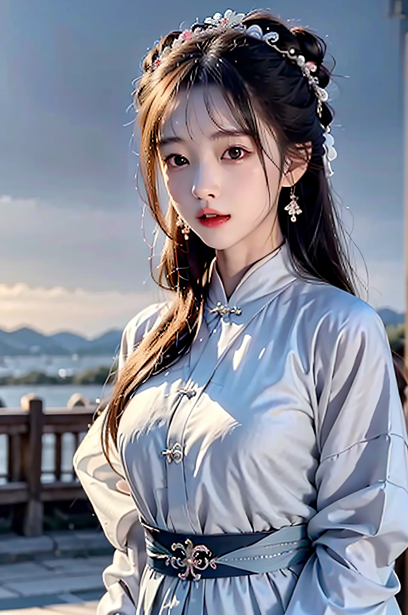 （Hyperrealistic,）4K,35mm,cinematography，super high details, Professional lighting, Best quality, Super high resolution, Visually stunning, (1girls:1.3), (dark blue theme:1.2), Light gray background, Deep blue, Wuxia,Chinese style,Hanfu,Bright wind,realskin,