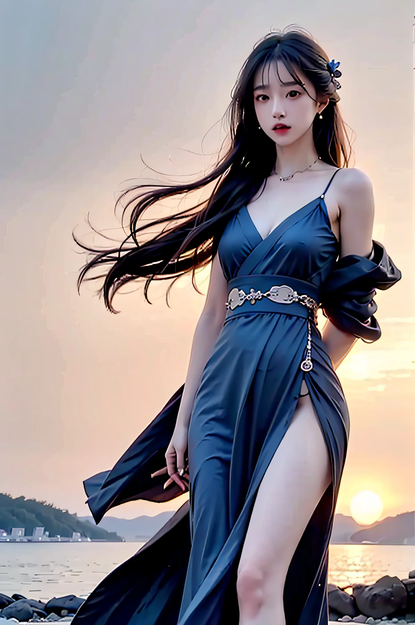 （Hyperrealistic,）4K,35mm,cinematography，super high details, Professional lighting, Best quality, Super high resolution, Visually stunning, (1girls:1.3), (dark blue theme:1.2), Light gray background, Deep blue, Wuxia,Chinese style,Hanfu,Bright wind,realskin,