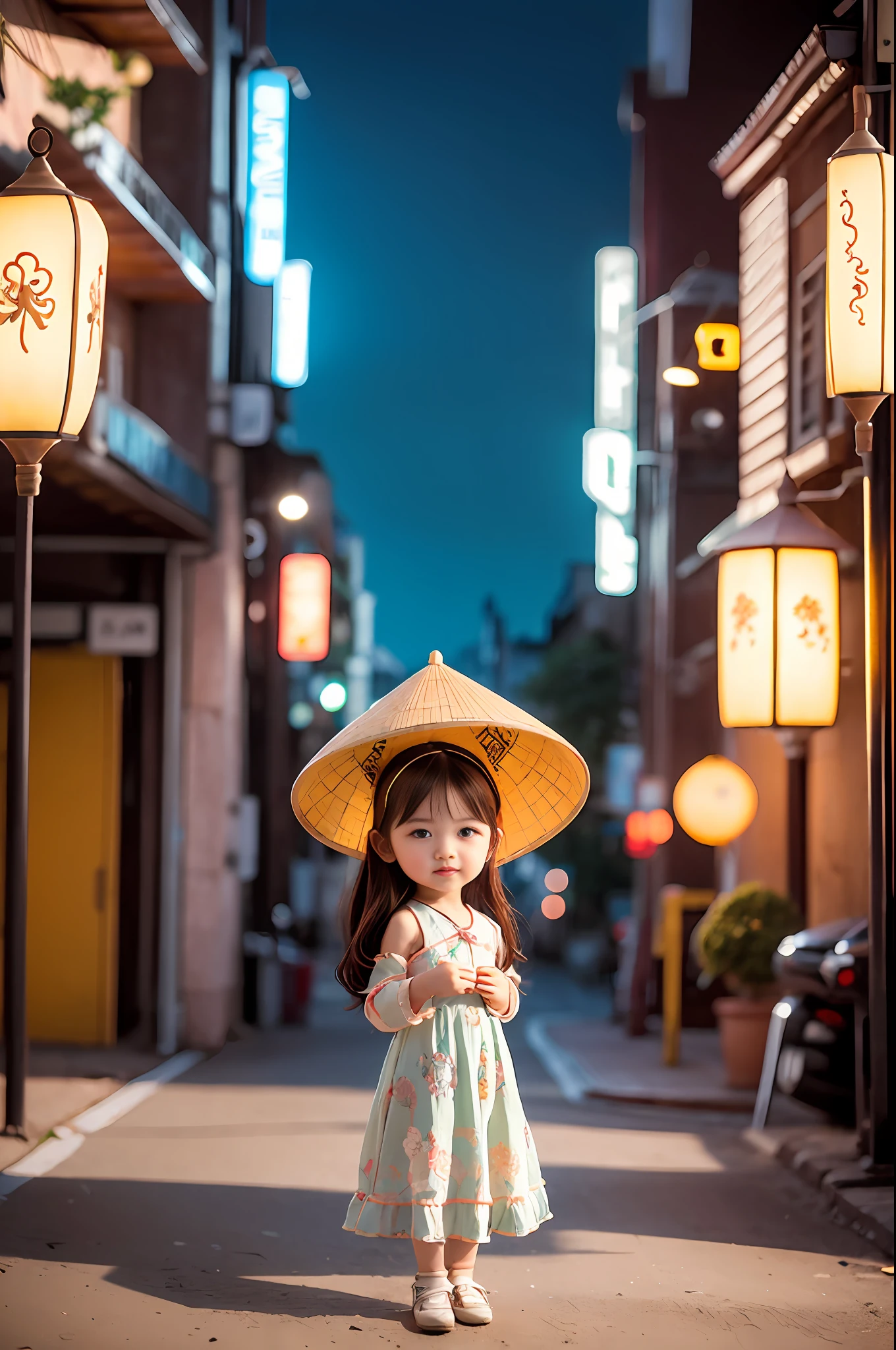 a beautiful baby cute girl in vintage bright colors traditional aodai viet nam, chibi style, city nigth, masterpiece, best quality, realistic:1.3, street, cyberpunk, sunlight, backlighting, artstation, intricate details, vignette, city night, antique car, Hoi An, Conical Hat traditional viet nam