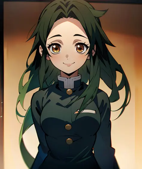 1girl, dark green hair, brown eyes, quiet, happy, calm, smile, cute, long hair, doe eyes, green haori, demon slayer uniform