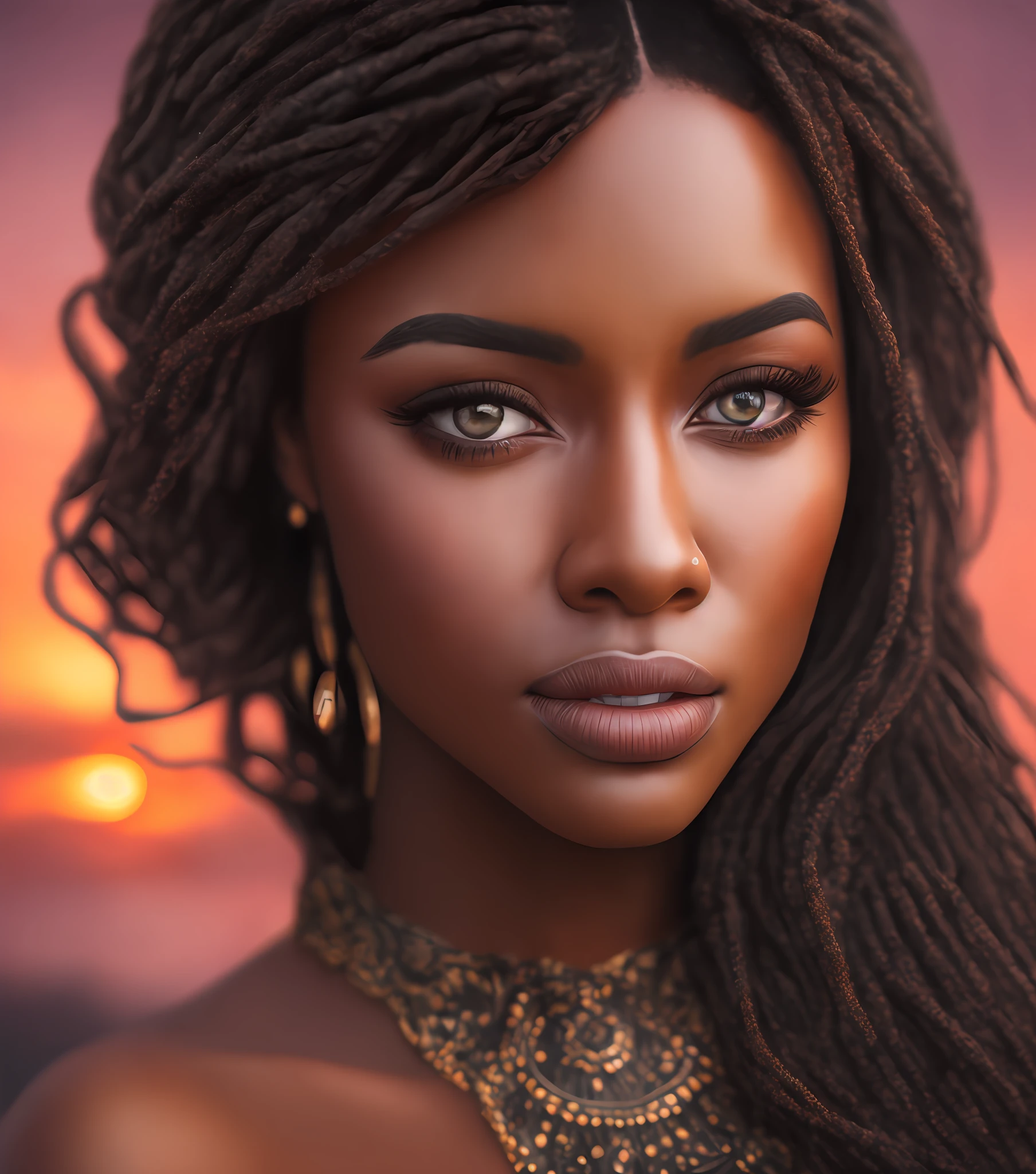 85mm, f1.8, portrait of black woman, photo realistic, hyperrealistic, orante, super detailed, intricate, dramatic, sunset lighting, shadows, high dynamic range, full body