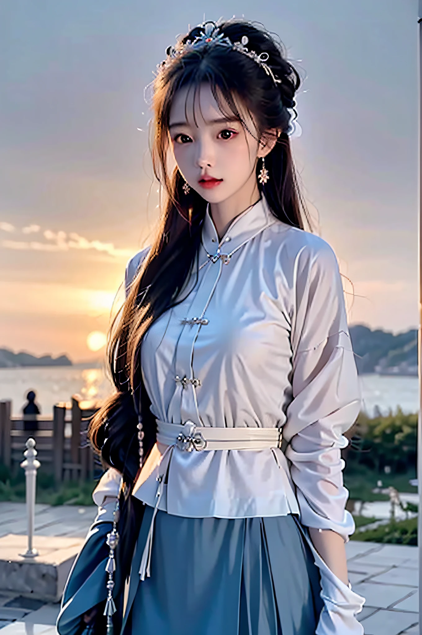 （Hyperrealistic,）4K,35mm,cinematography，super high details, Professional lighting, Best quality, Super high resolution, Visually stunning, (1girls:1.3), (dark blue theme:1.2), Light gray background, Deep blue, Wuxia,Chinese style,Hanfu,Bright wind,realskin,