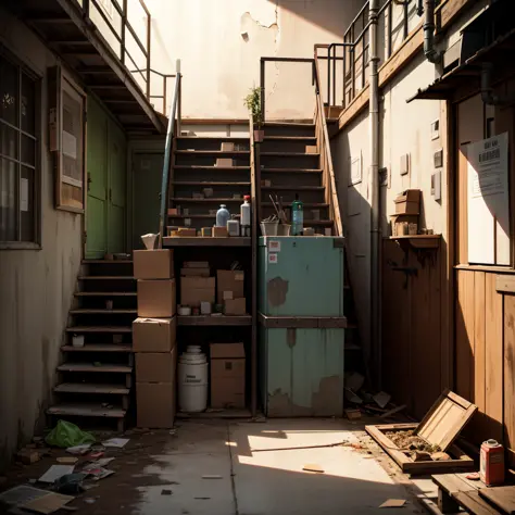 abandoned houses、Lots of racks、Stacked cardboard、Pale worldview、Dojunkai Apartment Surreal and very detailed illustration、Image ...