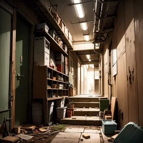 abandoned houses、Lots of racks、Stacked cardboard、Pale worldview、Dojunkai Apartment Surreal and very detailed illustration、Image ...