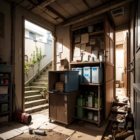 abandoned houses、lots of racks、stacked cardboard、pale worldview、dojunkai apartment surreal and very detailed illustration、image ...