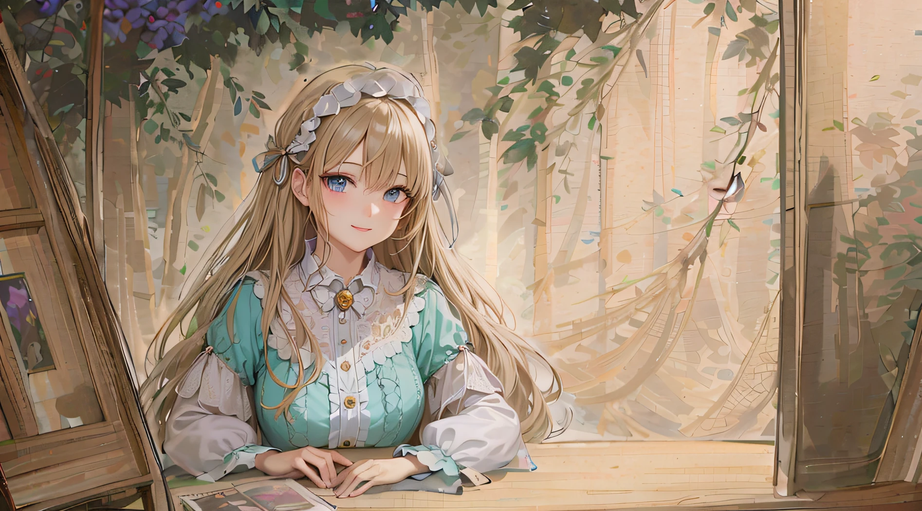 Anime girl sitting at table looking at a book, The book is at hand，high detailed official artwork, detailed portrait of an anime girl, Soft anime illustration, a beautiful anime portrait, Detailed digital anime art, Portrait of an anime girl, digital anime illustration, portrait anime girl, anime visual of a cute girl, portrait of lolita, anime girl with long hair, Beautiful anime girl smiles naturally，anime hands，The painting style is harmonious，The eyes are meticulous，The clothes are meticulous，The clothes are extremely detailed and delicate