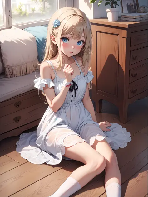 Top quality ultra-detailed CG art、Single、a blond、Blue eyes、Infant body type、16 yrs old、Light blue sundress、（White panty:１.２）、red...