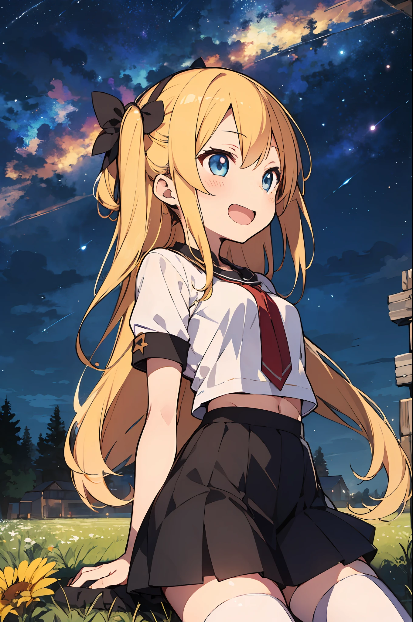 master piace, beste-Qualit,ultra detali,8K_wall-paper,(Beautiful  eyes),((cute little)),(Wonderful),(erotick),anime moe art style,2girls,,,Mini skirt,,a blond,Shirts,Long hair,,navel,,Small breasts,,(((zettai ryouiki))),,Short sleeves,Open mouth,double tooth,Looking at the constellations、sitting on、Meadow at night、A smile、Looking away、Looking Up,Orion、profile,Back view、Sitting upright