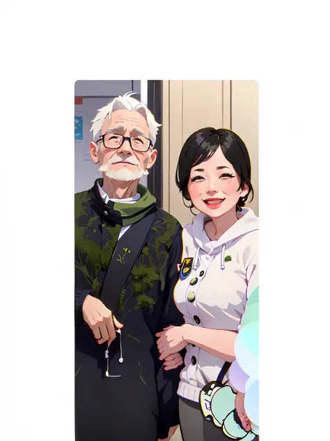 1 sticker, handbook, (sticker, 2 old couples, one old man, one old woman, old woman with short coiled black hair, man with white...