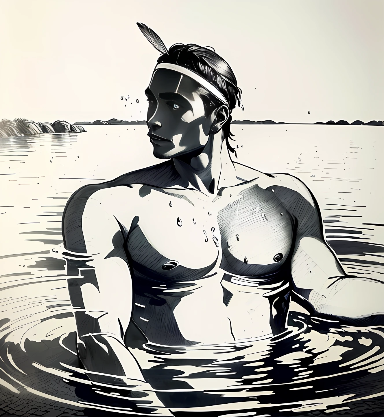 一個戴著頭飾的人在水中的圖畫, 罗克韦尔·肯特, 身體在水中, 作者：威拉德·穆林, 人物一半在水里, 從水中浮現出來, 通過埃默里·道格拉斯, 约翰·布莱尔, 超现实的木刻雕刻, 站在水池裡, 原住民, 水從他身上滴下來, 作者：倫納德·朗, 作者：罗伯特·布莱登, 阴影交叉线