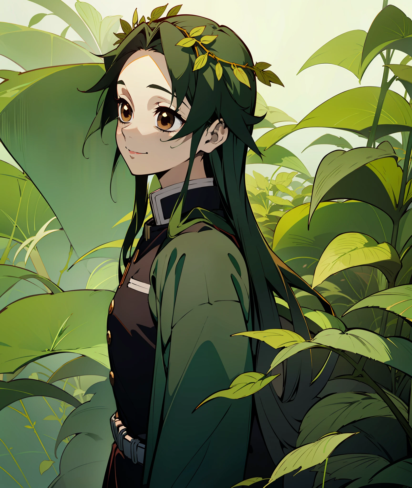 Anime girl with green hair and green leaves in a forest - SeaArt AI