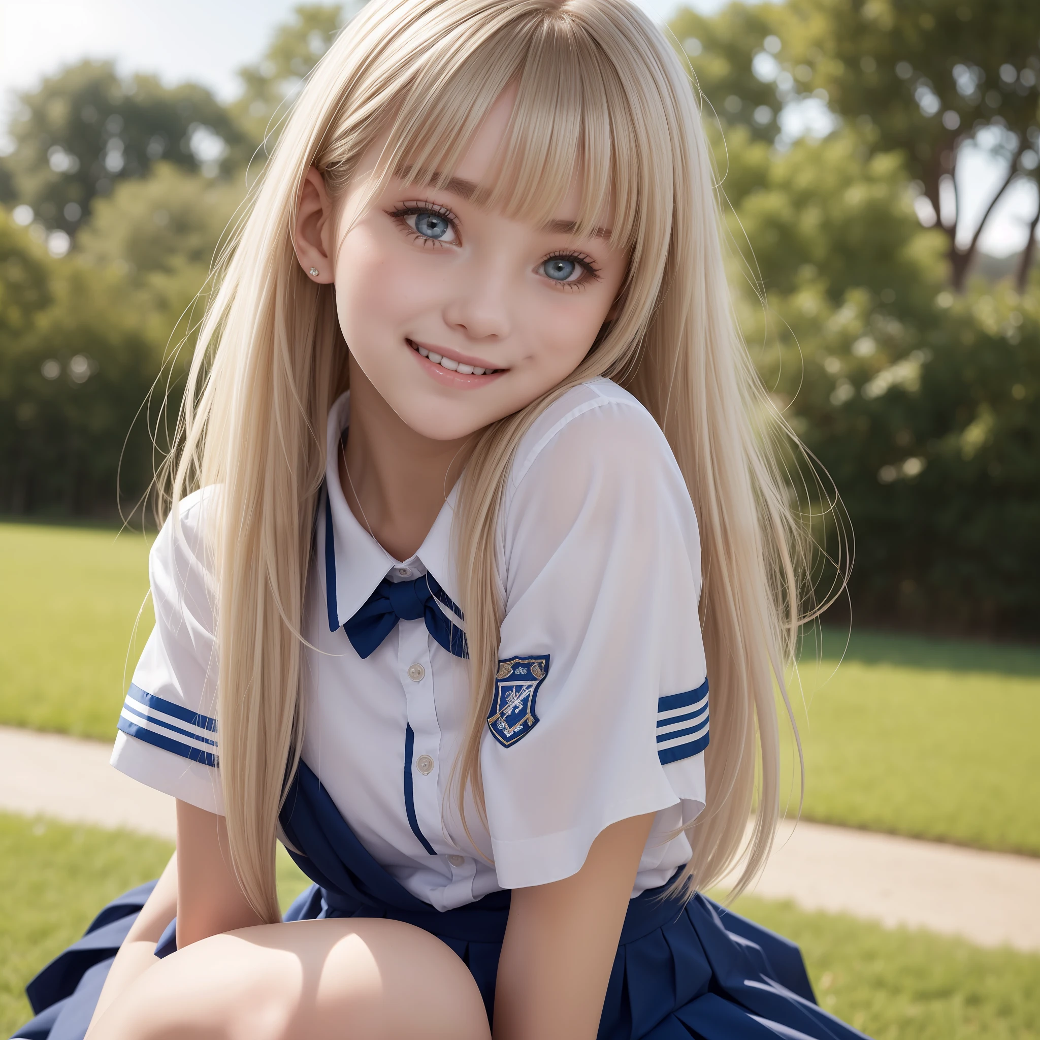 school ground、Swaying bangs、school uniformss、mini-skirts、shiny white skin、Ultimate Beauty、a little bit smile、Beautiful very beautiful and cute face、Super long platinum blonde very silky hair、eye liner、Big blue eyes with radiant transparency、Beautiful 15 year old beautiful girl、