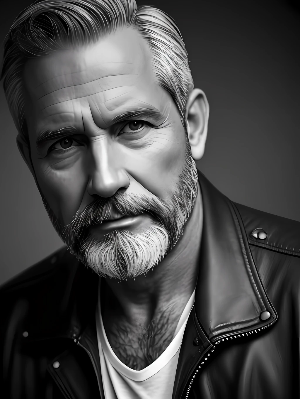 B&w portrait of a middle-aged man, detailed skin face, expression wrinkles, lumberjack style gray beard, raw beige leather jacket, white T-shirt without print, stiff countenance. Ultra detailed scene, dslr camera with 50mm Lens, soft studio lighting, ((vignette))