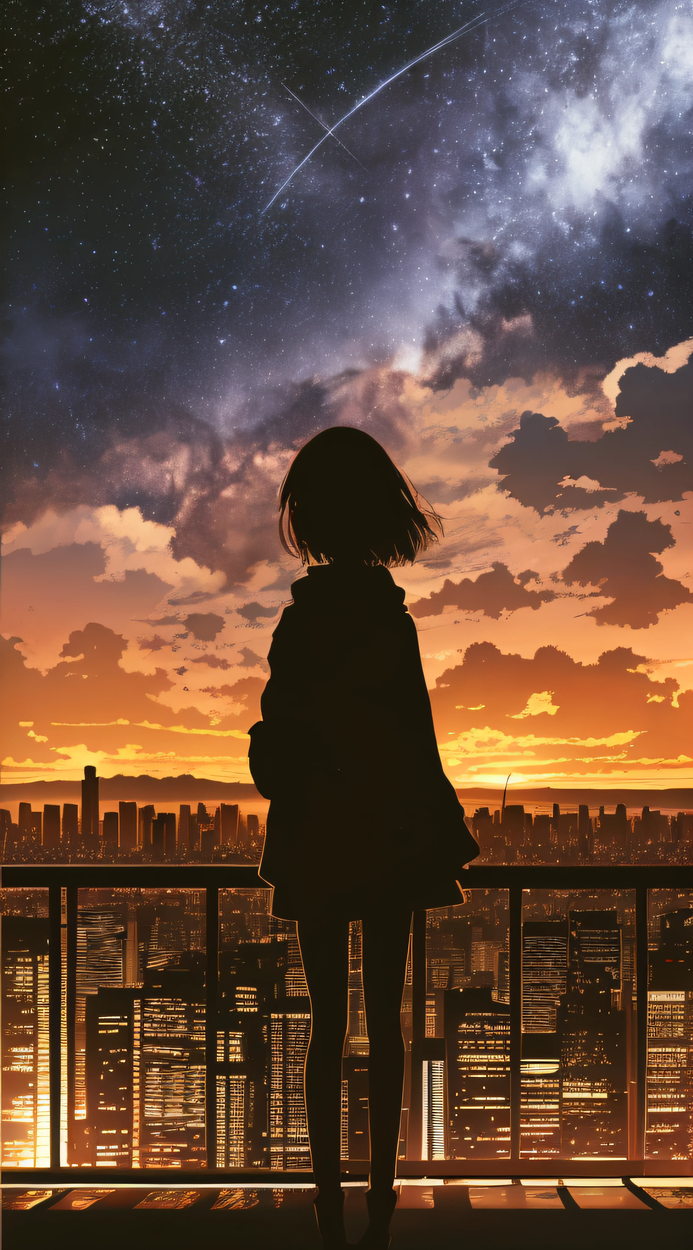 anime,silhouette,1girl, star (sky), cloud, cityscape, building, city, outdoors, skyscraper, city lights, night, night sky, sunset, skyline