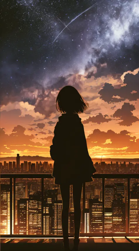 anime,silhouette,1girl, star (sky), cloud, cityscape, building, city, outdoors, skyscraper, city lights, night, night sky, sunse...