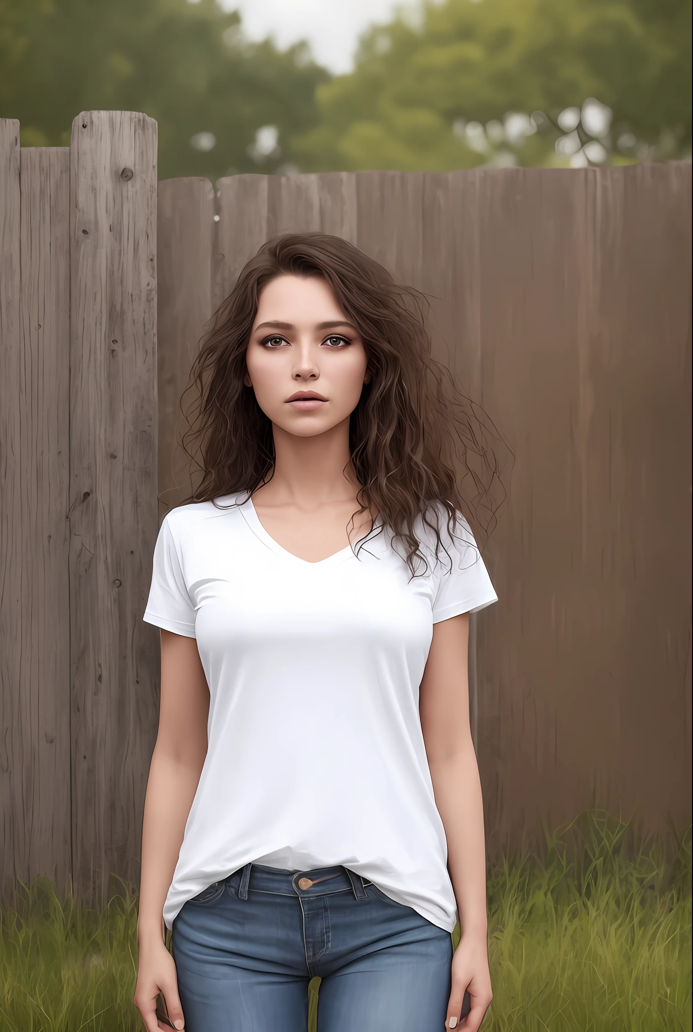 Foto hiper real de ((Mulher cowboy vestindo vestido vestido sujo branco básico camiseta)), de pé ao lado da cerca baixa de madeira em campo aberto, ((rosto e olhos realistas detalhados)), iluminação cinematográfica, Resolução 8k, (estilo de sessão de modelo), pôr do sol, (de_abaixo:1.4), macio pequeno coberto por (jeans skinny rasgados), seios naturais, (olhos sensuais detalhados)