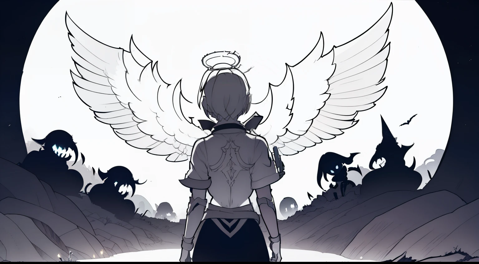 (masterpiece, best quality, ultra-detailed CG unity 8k wallpaper) A young girl standing in the center of a burning pit, with a glowing white halo above her head, and angel wings growing from her back, surrounded by (scary demons:1.1).