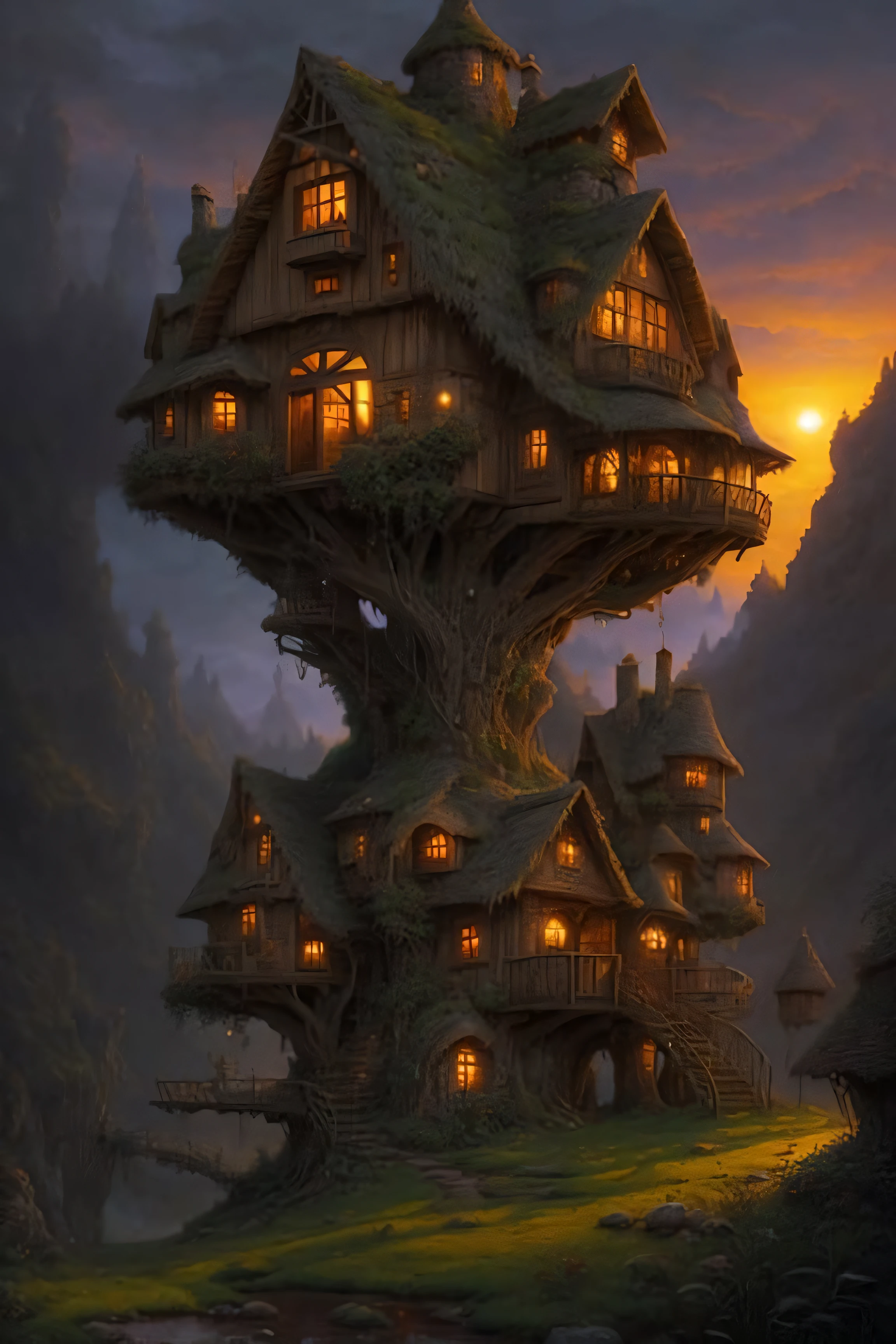 dreamlikeart valley, fairytale treehouse village covered,, matte painting, highly detailed, dynamic lighting, cinematic, realism, realistic, photo real, sunset,detailed, high contrast, denoised, centered, michael whelan