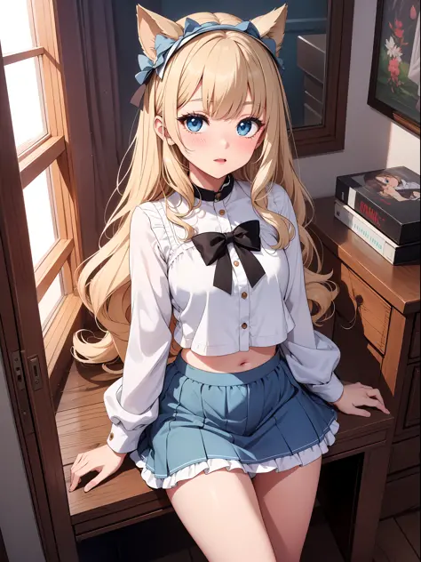 Top quality ultra-detailed CG art、Single、a blond、Blue eyes、Infant body type、16 yrs old、Mini skirt in light blue color、（White pan...
